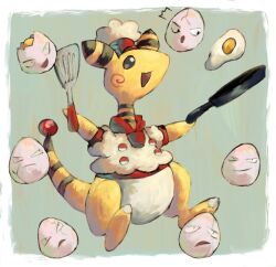  ampharos black_eyes chef_hat commentary_request egg exeggcute fried_egg frying_pan full_body green_background hat highres holding holding_frying_pan holding_spatula no_humans open_mouth panha pokemon pokemon_(creature) pokemon_focus simple_background spatula tail 