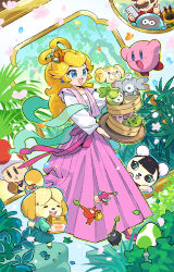  2boys 3girls alternate_costume alternate_hairstyle animal_crossing animal_crossing:_new_horizons bear_girl blonde_hair blue_eyes blue_outline blush_stickers box bug butterfly character_doll commentary_request company_connection crossover dog_girl doll earrings eating egg facial_hair fidough flower food food_bite furry furry_female highres holding holding_box holding_food isabelle_(animal_crossing) jellyfish_(splatoon) jewelry kirby kirby_(series) korok magnemite mario multiple_boys multiple_crossover multiple_girls mustache nintendo open_mouth outline pekoe_(animal_crossing) petals petilil pikmin_(creature) pikmin_(series) pink_flower pokemon pokemon_(creature) princess_peach red_pikmin red_toad_(mario) rock_pikmin roy_(pixiv992911) smile sphere_earrings splatoon_(series) super_mario_bros. super_mario_bros._wonder talking_flower_(mario) the_legend_of_zelda toad_(mario) winged_pikmin yoshi_egg 