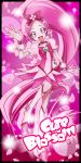  boots bow brooch character_name choker cure_blossom dress flower hair_flower hair_ornament hair_ribbon hanasaki_tsubomi happy heart heartcatch_precure! jewelry long_hair magical_girl petals pink pink_background pink_eyes pink_hair ponytail precure ribbon solo wrist_cuffs yoshimune 