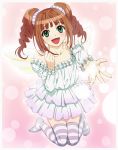  :d bad_id brown_hair cozy green_eyes highres idolmaster kneeling open_mouth reaching smile solo striped striped_legwear striped_thighhighs takatsuki_yayoi thighhighs twintails wings 
