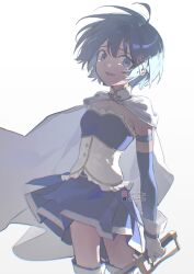 1girl bilibili_logo bilibili_username blue_eyes blue_hair blue_skirt cape chinese_commentary commentary_request crying crying_with_eyes_open fortissimo geezhii gloves hair_ornament hairclip highres holding holding_sword holding_weapon i'm_such_a_fool looking_at_viewer magical_girl mahou_shoujo_madoka_magica mahou_shoujo_madoka_magica_(anime) mahou_shoujo_madoka_magica_movie_1_&amp;_2 miki_sayaka miki_sayaka_(magical_girl) miniskirt musical_note musical_note_hair_ornament open_mouth short_hair simple_background skirt smile solo strapless sword tears twitter_username twitter_x_logo weapon white_background white_cape white_gloves