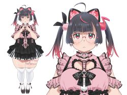  1girl :< :o animal_ears antenna_hair belt_collar black_bow black_dress black_hair black_shoes blunt_bangs bow cat_ears choker clothing_cutout collar dress dress_bow dress_ribbon earrings english_commentary fat frilled_choker frilled_dress frilled_sleeves frills full_body gradient_hair hair_ornament highres indie_virtual_youtuber jewelry jirai_kei light_blush long_hair looking_at_viewer mina_niya multicolored_hair multiple_views musical_note musical_note_hair_ornament pink_bow pink_choker pink_dress pink_ribbon portrait red_eyes red_hair ribbon shoes short_dress short_sleeves simple_background skindentation solo standing straight-on straight_hair thick_eyebrows thick_thighs thigh-highs thigh_strap thighs tomatomagica twintails virtual_youtuber white_background white_thighhighs wide_hips 