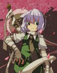  bandage bandaged_hand bandages bust cherry_blossoms ghost green_eyes hairband highres hitodama katana konpaku_youmu konpaku_youmu_(ghost) myon necktie page petals scabbard sheath short_hair silver_hair smile solo sword touhou vest weapon 