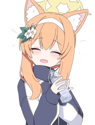  :d ^_^ animal_ear_fluff animal_ears blue_archive bottle cat_ears cat_girl closed_eyes closed_mouth double-parted_bangs flower fukunao gym_uniform hair_flower hair_ornament halo highres holding holding_bottle jacket long_hair mari_(blue_archive) mari_(track)_(blue_archive) open_mouth orange_hair simple_background smile track_jacket upper_body water_bottle white_background yellow_halo 