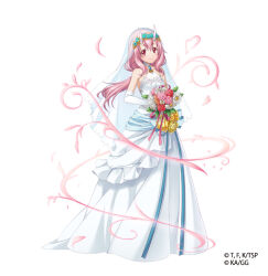  1girl aqua_flower artist_request bare_shoulders blue_bow blue_gem blush bouquet bow breasts bridal_veil bride choker collarbone copyright_name copyright_notice dress elbow_gloves flower from_side full_body gem gloves hair_between_eyes hair_flower hair_ornament holding holding_bouquet horns long_hair looking_at_viewer looking_to_the_side official_alternate_costume official_art oni orange_flower orange_rose pink_eyes pink_flower pink_hair pink_rose red_flower red_rose rose shuna_(tensura) simple_background sleeveless sleeveless_dress small_breasts smile solo standing strapless strapless_dress tensei_shitara_slime_datta_ken tensei_shitara_slime_datta_ken:_makoku_renpou_souseiki third-party_source veil wedding_dress white_background white_bow white_choker white_dress white_flower white_gloves white_horns yellow_flower 