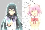  2girls akemi_homura arms_behind_back artist_request black_hair blue_eyes blush closed_eyes grin hair_ribbon hairband happy kaname_madoka long_hair magical_girl mahou_shoujo_madoka_magica open_mouth pink_hair smile soul_gem source_request twintails 