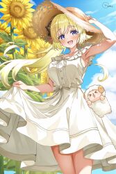  1girl animal_ears blonde_hair breasts commentary_request day dress field flower flower_field hair_ornament hat highres hololive horns inokeiwd long_hair sheep_ears sheep_girl sheep_horns sleeveless sleeveless_dress straw_hat sun_hat sundress sunflower sunflower_field tsunomaki_watame virtual_youtuber watamate white_dress 
