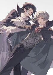  2boys akutagawa_ryuunosuke_(bungou_stray_dogs) ascot black_hair black_pants bungou_stray_dogs commentary_request grey_hair highres looking_at_viewer male_focus multicolored_hair multiple_boys nakajima_atsushi_(bungou_stray_dogs) open_mouth pants red_ascot shirt short_hair sidelocks simple_background totomuraakat two-tone_hair white_background white_shirt 