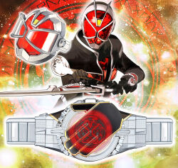 1boy black_bodysuit black_gloves bodysuit coat commentary_request flame_wizard_ring gem gloves helmet holding holding_sword holding_weapon jewelry kamen_rider kamen_rider_wizard kamen_rider_wizard_(flame_style) kamen_rider_wizard_(series) magic_circle murahigeya open_clothes open_coat red_gem rider_belt ring silver_trim solo sword tokusatsu weapon wizard_ring wizardriver wizarswordgun