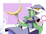  crescent_moon energy_ball ghost ghost_tail green_hair hat highres long_hair mima moon potato_pot ribbon smile solo staff touhou touhou_(pc-98) weapon wizard_hat 