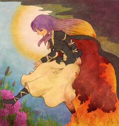  1girl black_boots black_dress blonde_hair blue_sky boots burn_scar cape cattail clear_sky closed_eyes closed_mouth commentary_request dress fire flower full_body gradient_hair grass highres hijiri_byakuren layered_dress long_hair multicolored_hair pink_flower plant purple_flower purple_hair red_cape scar sho_(shirojiro_kuroguro) sidelocks sky smile smoke solo sun touhou walking white_dress 
