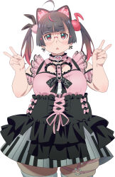  1girl absurdres animal_ears antenna_hair belt_collar black_bow black_dress black_hair blunt_bangs bow cat_ears choker clothing_cutout collar cowboy_shot double_v dress dress_bow dress_ribbon earrings english_commentary fat frilled_choker frilled_dress frilled_sleeves frills gradient_hair hair_ornament hands_up highres indie_virtual_youtuber jewelry jirai_kei light_blush long_hair mina_niya multicolored_hair musical_note musical_note_hair_ornament pink_bow pink_choker pink_dress pink_ribbon red_eyes red_hair ribbon shoes short_dress short_sleeves simple_background skindentation solo standing straight-on straight_hair thick_eyebrows thick_thighs thigh-highs thigh_strap thighs tomatomagica triangle_mouth twintails v virtual_youtuber white_background white_thighhighs wide_hips zettai_ryouiki 