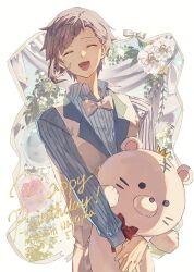  1boy border bow bowtie bungou_stray_dogs character_name commentary_request dated dress_shirt facing_viewer grey_hair happy happy_birthday highres light_blush male_focus nakajima_atsushi_(bungou_stray_dogs) open_mouth shirt short_hair simple_background single_sidelock smile solo stuffed_animal stuffed_toy teddy_bear totomuraakat traditional_bowtie vest waistcoat white_background white_border 