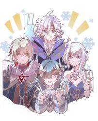  2boys 2girls ahoge alyosha_(genshin_impact) ascot bare_shoulders black_gloves black_jacket black_shirt blue_dress blue_eyes blue_hair blue_jacket breasts cape closed_mouth collared_jacket collared_shirt detached_sleeves double_v dress earmuffs empty_eyes expressionless feather_hair_ornament feathers flower frills fur-trimmed_cape fur_collar fur_trim genshin_impact gloves green_hair hair_between_eyes hair_flower hair_ornament hair_over_one_eye hairband hand_up hands_up high_collar highres hood hooded_cape jacket jewelry long_hair long_sleeves looking_at_viewer medium_breasts mitya_(genshin_impact) mtr2y_aa multicolored_hair multiple_boys multiple_girls necklace notice_lines odette_(genshin_impact) open_mouth puffy_detached_sleeves puffy_long_sleeves puffy_sleeves purple_cape purple_hair shirt short_hair sidelocks sleeveless sleeveless_dress smile snowflake_background sparkle strapless strapless_dress streaked_hair tassel turtleneck turtleneck_shirt upper_body v very_long_hair violet_eyes vodyanitsa_(genshin_impact) wavy_hair white_ascot white_background white_cape white_dress white_feathers white_flower white_hair white_hairband white_shirt white_sleeves wrist_cuffs yellow_eyes 