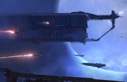  blue_theme commentary eve_online flying georg_hilmarsson glowing no_humans photoshop_(medium) planet scenery science_fiction space spacecraft thrusters 