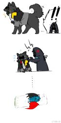  1boy 2others ambiguous_gender animalization arknights arknights:_endfield bat_(animal) camille_(arknights) chinese_commentary commentary_request doctor_(arknights) dog endministrator_(arknights) fluffy highres hood hua_ren_nan mask multiple_others towel white_background 