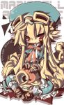  apron blonde_hair bow curly_hair dango_mushi dress gloves goggles goggles_on_head hat long_hair marivel_armitage payot pointy_ears red_eyes ribbon shoes sitting solo vampire wild_arms wild_arms_2 