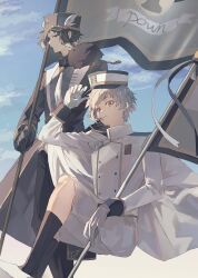  2boys akutagawa_ryuunosuke_(bungou_stray_dogs) black_gloves black_shoes blue_sky bungou_stray_dogs commentary flag gloves grey_hair hat highres holding holding_flag kneehighs looking_at_viewer male_focus multiple_boys nakajima_atsushi_(bungou_stray_dogs) shoes short_hair shorts sidelocks sitting sky socks standing totomuraakat twitter_username untranslatable_commentary white_gloves white_shorts 