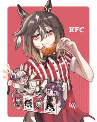  3girls animal_ears apron black_bow black_hair blunt_bangs blush bow box breasts brown_eyes brown_hair brown_hat cane chibi chicken_(food) chicken_leg closed_mouth colonel_sanders colonel_sanders_(cosplay) commentary_request cosplay ear_bow ear_covers eating employee_uniform fast_food fast_food_uniform food fried_chicken gold_ship_(umamusume) grey_hair hair_between_eyes hat highres holding holding_box holding_cane holding_food horse_ears horse_girl horse_tail kfc long_hair looking_at_viewer lucky_lilac_(umamusume) multicolored_hair multiple_girls open_mouth pants pillbox_hat red_apron red_shirt shirt side_ponytail smile songdu stay_gold_(umamusume) stay_gold_clan_(umamusume) streaked_hair striped_clothes striped_shirt tail umamusume vertical-striped_clothes vertical-striped_shirt violet_eyes white_hair 