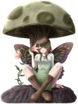  butterfly_wings crossed_legs dress fairy flower green_dress green_eyes highres jewelry mochi.f mushroom necklace original sitting solo wings 