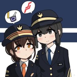  2girls black_eyes black_hair black_hat black_jacket blue_necktie bowler_hat brown_hair buttons central_japan_railway_company collared_shirt commentary_request employee_uniform female_service_cap hair_between_eyes hat isonami_(kancolle) jacket japan_railways kantai_collection kyuukokumt15c medium_hair multiple_girls necktie orange_eyes orange_necktie shirt sidelocks simple_background souya_(kancolle) spoken_object two-tone_background upper_body white_shirt 