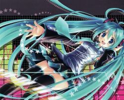 2000s_(style) :d arm_out arm_warmers black_skirt blue_eyes blue_hair blue_trim buttons_on_skirt buttons_on_sleeves detached_sleeves floating graph grey_shirt hand_on_headwear hatsune_miku keyboard keyboard_(instrument) looking_down multicolored nightcore open_mouth pantyshot piano_keys pleated_skirt school_uniform short_skirt skirt sleeveless sound_wave star_(symbol) striped_panties teal_eyes teal_hair techno technology thigh_boots tie_clip twintails vocaloid vocaloid2 wavelengths
