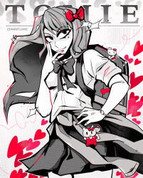 1girl _jam artist_name backpack beauty_mark bow bow_hairband coat_around_waist fanart gyaru hand_on_own_face hello_kitty jacket_around_waist junji_ito keychain long_hair looking_to_the_side monochrome painted_nails red_bow red_nails ring rolled_sleeves sammy_jam sammyjam sanrio school_bag school_uniform short_skirt single_color sparkle tomie tomie_kawakami