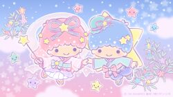  1boy 1girl bamboo blue_hair bow brother_and_sister chibi chibi_only clouds commentary_request fairy_kei hair_bow hair_ornament holding holding_wand japanese_clothes kadomatsu kiki_(little_twin_stars) kimono kimono_skirt lala_(little_twin_stars) little_twin_stars new_year official_art pastel_colors pink_hair sanrio see-through_clothes see-through_shawl shawl siblings sparkle star_(sky) star_(symbol) star_hair_ornament star_wand twins wand yume_kawaii 