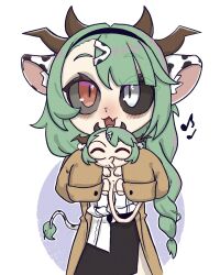  1girl :3 animal_ear_fluff animal_ears black_hairband black_sclera black_skirt blush braid brown_coat brown_horns closed_eyes coat colored_sclera commentary cow_ears cow_girl cow_horns crelly crelly_(crelly_3.0) english_commentary eyelashes fang fetus green_hair grey_sclera hair_ornament hairband hairclip heterochromia highres holding horns indie_virtual_youtuber localpervert5 long_hair mismatched_sclera musical_note o3o open_clothes open_coat open_mouth red_eyes shirt simple_background single_braid skin_fang skirt sleeves_past_fingers sleeves_past_wrists smile umbilical_cord virtual_youtuber white_background white_eyes white_shirt 