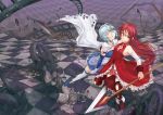  2girls armband artist_request bare_shoulders blue_hair boots broken_ground cape closed_eyes detached_sleeves dress gloves magical_girl mahou_shoujo_madoka_magica miki_sayaka polearm red_eyes redhead sakura_kyouko short_hair source_request spear thigh-highs weapon 