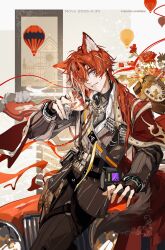  1boy absurdres against_vehicle animal_ears antique_phone arknights bellone_(arknights) belt_pouch bishounen black_gloves black_shirt brown_suit chest_harness coat coat_on_shoulders cowboy_shot cradling_phone dated diamond_(shape) diamond_facial_mark facial_mark fingerless_gloves gloves hair_over_shoulder harness head_tilt highres holding holding_lighter infection_monitor_(arknights) lighter long_hair looking_at_viewer low_ponytail male_focus mark_under_eye nnnnnova phone pinstripe_jacket pinstripe_pattern ponytail pouch red_coat red_hair rotary_phone sample_watermark shirt solo suit turtleneck turtleneck_shirt violet_eyes watermark wolf_boy wolf_ears zippo_lighter 