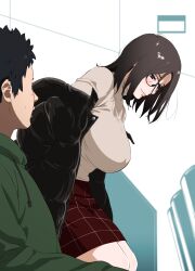  1boy 1girl absurdres black-framed_eyewear black_hair black_jacket blue_eyes blush breasts brown_hair brown_shirt buchou_(kakitama) chair checkered_clothes checkered_skirt commentary_request down_jacket glasses green_hoodie highres hood hoodie indoors jacket kakitama large_breasts lips long_sleeves medium_hair movie_theater open_clothes open_jacket open_mouth original padded_jacket parted_bangs pink_lips red_skirt shirt short_hair sideboob sitting skirt smile yellow_skirt 