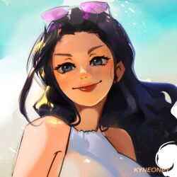  1girl artist_name black_hair blue_eyes closed_mouth commentary dress eyelashes eyewear_on_head halter_dress halterneck highres kyneonpy long_hair making-of_available nico_robin one_piece outdoors purple-tinted_eyewear red_lips sleeveless sleeveless_dress smile solo tinted_eyewear 