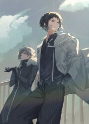  2boys adjusting_clothes adjusting_gloves akutagawa_ryuunosuke_(bungou_stray_dogs) black_gloves black_hair black_pants black_shirt bungou_stray_dogs clouds coat commentary_request from_below gloves grey_coat grey_hair highres looking_to_the_side male_focus multicolored_hair multiple_boys nakajima_atsushi_(bungou_stray_dogs) necktie pants shirt sidelocks sky striped_clothes striped_pants suspenders totomuraakat twitter_username two-tone_hair vertical-striped_clothes vertical-striped_pants white_necktie 