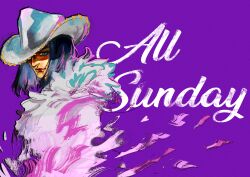  1girl absurdres black_hair blue_eyes cat closed_mouth coat commentary cowboy_hat hat highres nico_robin one_piece petals pink_petals profile purple_background solo trope_art white_cat white_coat 
