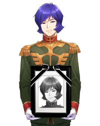  1boy collar collared_jacket cowboy_shot epaulettes garma_zabi gloves green_jacket green_pants gundam highres holding holding_portrait iei implied_death jacket long_sleeves looking_at_viewer male_focus military_jacket military_uniform mobile_suit_gundam monochrome_inset murakami_(mrkm3103) pants portrait_(object) purple_hair red_collar simple_background smile solo spoilers violet_eyes white_background white_gloves zeon 