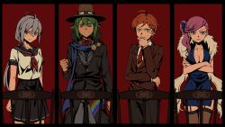  2boys 2girls ahoge black_necktie black_thighhighs blazer blue_bow blue_dress blue_eyes blue_scarf bow brown_eyes brown_hat buttons clenched_hand collared_jacket collared_shirt crossed_arms danganronpa_another dress feather_boa green_eyes green_hair hair_between_eyes hair_bow hair_ornament hair_scrunchie hand_on_own_chin hat highres jacket jewelry kabuya_yoruko legwear_garter long_hair long_sleeves low_ponytail maeda_yuki multiple_boys multiple_girls neckerchief necktie nirokushinkin orange_hair otori_teruya pants parted_bangs pink_hair podium ponytail rainbow_print red_background red_necktie red_scrunchie red_shirt sailor_collar scarf school_uniform scrunchie serafuku shirt short_hair short_sleeves side_ponytail simple_background skirt sleeveless sleeveless_dress sora_(super_danganronpa_another_2) standing super_danganronpa_another_2 thigh-highs thinking very_long_hair vest white_hair white_shirt 