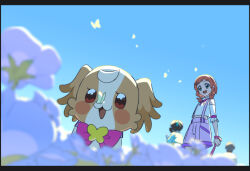  1boy 2girls animal black_hair blurry blurry_background bow bowtie brown_dog brown_eyes bug butter butterfly butterfly_on_nose clothed_animal commentary day dog dutch_angle field flower flower_field food green_eyes grey_hair holding holding_leash inukai_iroha inukai_komugi inukai_komugi_(dog) leash looking_at_animal multiple_girls nekoyashiki_mayu open_mouth orange_hair outdoors petal_on_head petals pink_bow pink_bowtie pink_shorts precure shirt short_hair shorts smile standing suspenders toyama_daifuku toyama_daifuku_(civilian) white_butterfly white_flower white_petals white_shirt wonderful_precure! yoko.u 