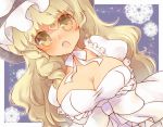  alternate_hairstyle blonde_hair braid breast_hold breast_lift breasts bust cleavage dutch_angle gloves hat invincible_marisa kirisame_marisa large_breasts long_hair new_super_marisa_land open_mouth sen1986 solo touhou white_gloves 