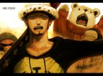  3boys bad_id baseball_cap bear bepo bird crossed_arms earrings facial_hair goatee hat hoodie jewelry jumpsuit male meta_gun multiple_boys one_piece penguin penguin_(character) penguin_(one_piece) pirate raglan_sleeves shachi_(one_piece) sword title_drop trafalgar_law weapon 