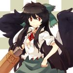  arm_cannon black_hair breasts brown_hair bust cape checkered checkered_background long_hair nerugal no_bra open_clothes open_mouth open_shirt red_eyes reiuji_utsuho shirt smile solo third_eye touhou very_long_hair weapon wings 