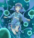  blue_hair blush boots bubble closed_eyes dress eyes_closed face hair_bobbles hair_ornament hat kawashiro_nitori key knees pocket pockets short_hair short_twintails skirt solo touhou twintails under_water underwater water yudepii yuderupii 