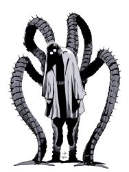  1boy absurdres belt dated doctor_octopus eyes_in_shadow fishbowl_helmet floating glasses greyscale head_tilt helmet highres horror_(theme) lab_coat looking_at_viewer marvel mechanical_arms mechanical_tentacles monochrome opaque_glasses shaded_face short_hair simple_background solo spider-man_(series) spikes standing superhero_costume tentacles white_background yashiro_manabu 
