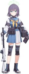  1girl armband bag belt_pouch black_gloves black_shoes blue_archive blue_eyes blue_sailor_collar blue_shirt blue_skirt blush book breasts chest_harness closed_mouth compression_sleeve cross-laced_shoes explosive full_body game_asset gloves green_halo grenade gun halo harness highres holding holding_book holding_gun holding_gun_barrel holding_weapon knee_pads lahti-saloranta_m/26 large_variant_set long_sleeves looking_at_viewer medium_breasts miniskirt neckerchief official_art pleated_skirt pouch purple_hair raglan_sleeves sailor_collar saki_(blue_archive) school_uniform serafuku shirt shoes short_hair shoulder_bag sidelocks simple_background skirt solo split_mouth stick_grenade tachi-e tactical_school_uniform third-party_source transparent_background undershirt v-shaped_eyebrows variant_set weapon yellow_neckerchief yutokamizu 