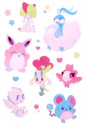  absurdres altaria bird blush bowl_cut closed_eyes clouds eyelashes fairy_type_theme_(pokemon) floette flower heart highres ieafy marill pokemon pokemon_(creature) pokemon_focus ralts red_eyes red_flower spritzee star_(symbol) togetic white_wings wigglytuff wings 
