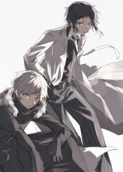  2boys akutagawa_ryuunosuke_(bungou_stray_dogs) black_hair black_shirt bungou_stray_dogs closed_mouth coat dress_shirt grey_hair hand_in_pocket highres looking_at_viewer male_focus multiple_boys nakajima_atsushi_(bungou_stray_dogs) necktie one_eye_closed pants shirt short_hair sidelocks simple_background single_sidelock sitting standing striped_clothes striped_pants torn_clothes torn_coat totomuraakat vertical-striped_clothes vertical-striped_pants white_background white_coat white_necktie 