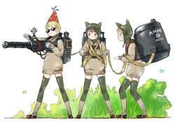  3girls ammunition_backpack ammunition_belt animal_ear_headwear backpack bag blonde_hair brown_eyes brown_hair crank english_text foliage gaiters gatling_gun grass gun hat holding holding_gun holding_weapon light_blush mars_expedition military military_uniform minigun multiple_girls party_hat short_hair soldier sunglasses sweater thigh-highs weapon white_background y_(khakiyawn) 