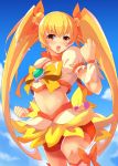  absurdres blonde_hair blue_background blush clenched_hands cure_sunshine dress fist heartcatch_precure! highres magical_girl midriff myoudouin_itsuki navel open_mouth orange_(color) precure sakusaku_(sakusakucrab) solo twintails yellow_dress yellow_eyes 