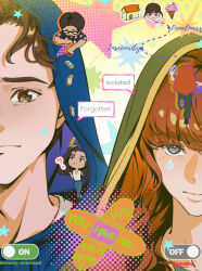  2boys 2girls ? bandaid belt black_hair black_shirt blue_hoodie brown_eyes brown_hair chibi chibi_inset curly_hair english_text food full_body furrowed_brow glasses gradient_background green_eyes green_hoodie highres hood hood_up hoodie house ice_cream jintian_midori layered_clothes lego light_switch long_hair looking_at_viewer marvel michelle_"mj"_jones multiple_boys multiple_girls ned_leeds orange_hair pants peter_parker polka_dot portrait shirt short_hair sleeveless sleeveless_shirt speech_bubble spider-man spider-man:_brand_new_day spider-man_(series) t-shirt teardrop very_short_hair yellow_background 