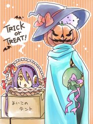  1girl aqua_cloak bag basket bow bright_pupils cloak commentary_request cursed_flying_pumpkin_(sekaiju) disembodied_head f.o.e. green_bag hair_tubes hat hat_bow kesaran_pasaran kesaran_pasaran_(sekaiju) kinifuness metal_hair_tubes monster olympia_(sekaiju) open_mouth orange_background orange_eyes pumpkin purple_hair sekaiju_no_meikyuu sekaiju_no_meikyuu_3 striped_background teeth translation_request trick_or_treat upper_teeth_only vertical-striped_background white_pupils witch_hat 